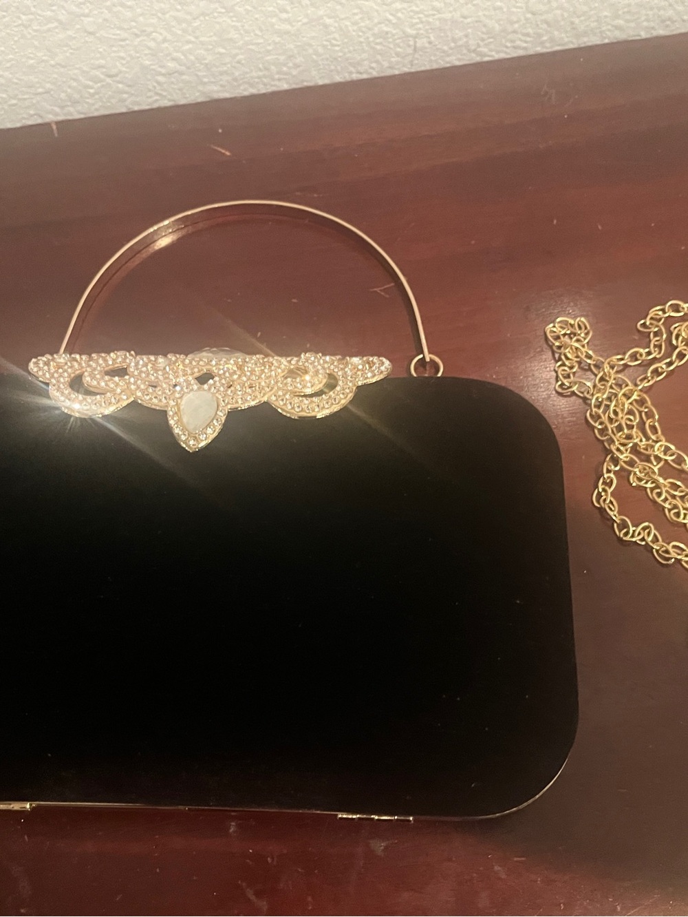 Black Velvet Evening Clutch Purse Gold Rhinestone Detail Chain Strap